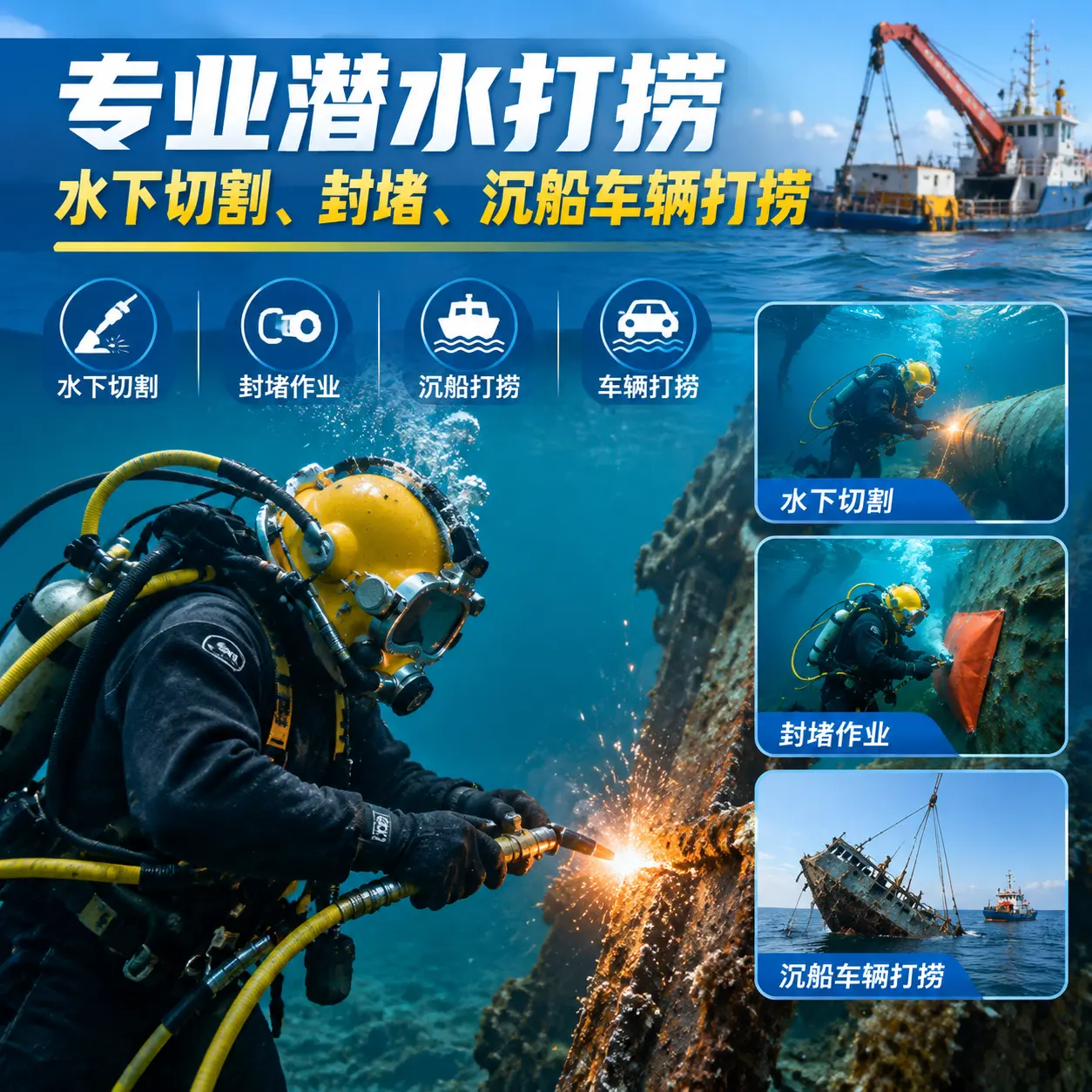 专业潜水打捞｜水下切割、封堵、沉船车辆打捞大东